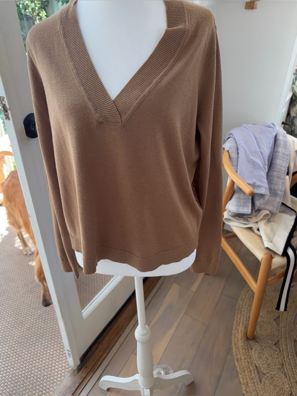 Cami NYC Women's V-Neck Sweater in Camel Brown with Lace back